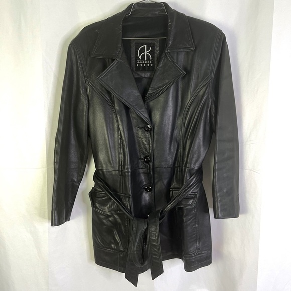 AKOURY CUIRS BLACK LEATHER COAT LAMBSKIN SOFT LEATHER BELTED SINGLE BREAST SMALL - Picture 6 of 13